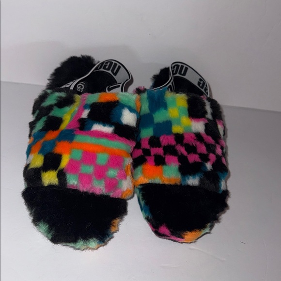 NWOT UGG 1135510 Fluff Yeah Slide Checkered Slipper Black Multi Women’s Size 7 - Picture 2 of 7